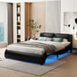 Full Size Upholstered Faux Leather Platform Bed With LED Light Bed Frame With Slatted - Black My Store