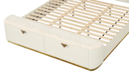 5-Pc King Upholstered Bedroom Set with Wood & Gold Accents in Beige - Ohberri