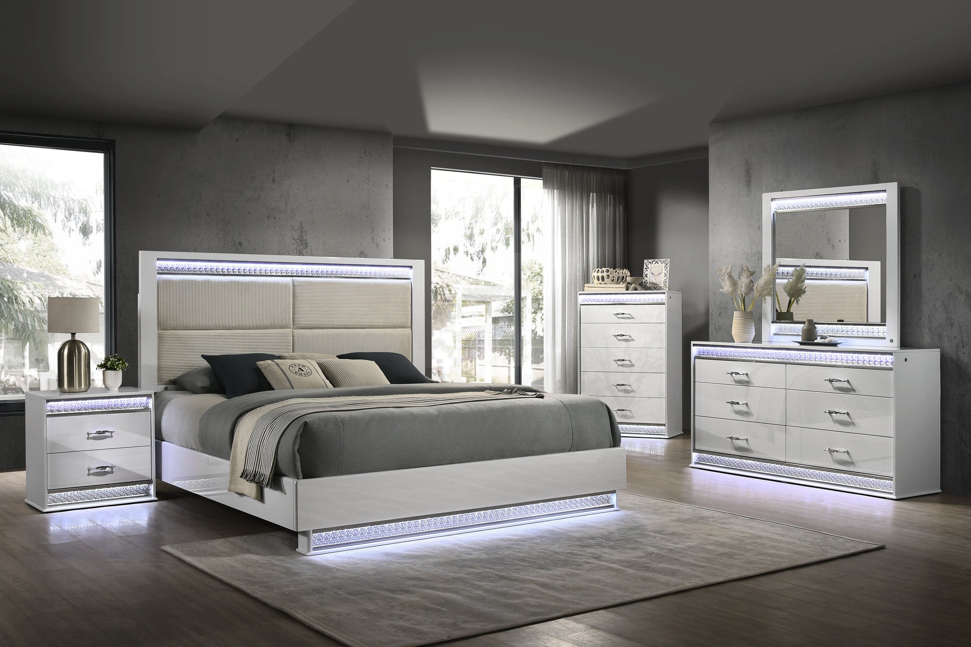 Glam Modern 5-Piece King Bedroom Set with LED Headboard, Wood in White - Ohberri