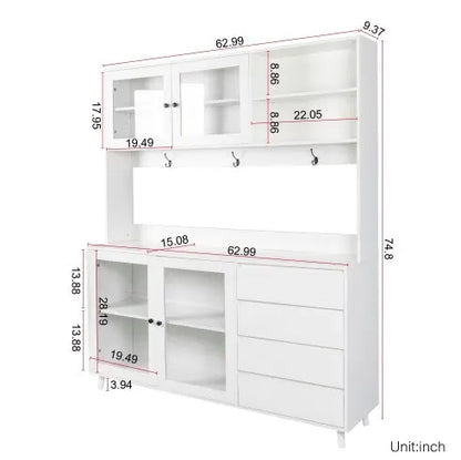63W Large Kitchen Hutch Cabinet, Freestanding Pantry Cabinets Storage Kitchen Cupboard With 4 Doors, 4 Drawers & Microwave Shelf, White My Store