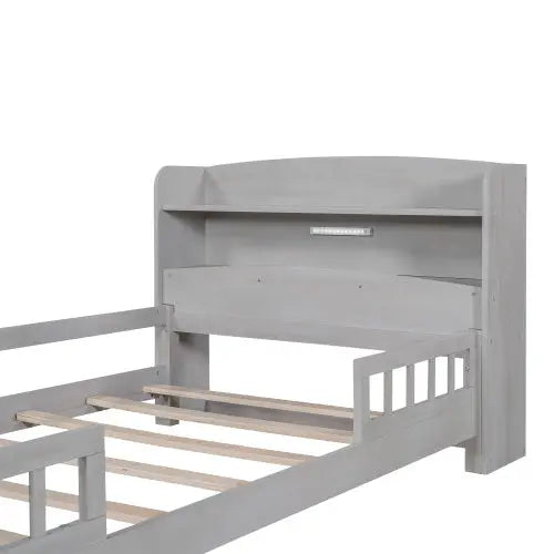 Wood Twin Size Platform Bed With Built-in LED Light, Storage Headboard And Guardrail, Antique Grey My Store