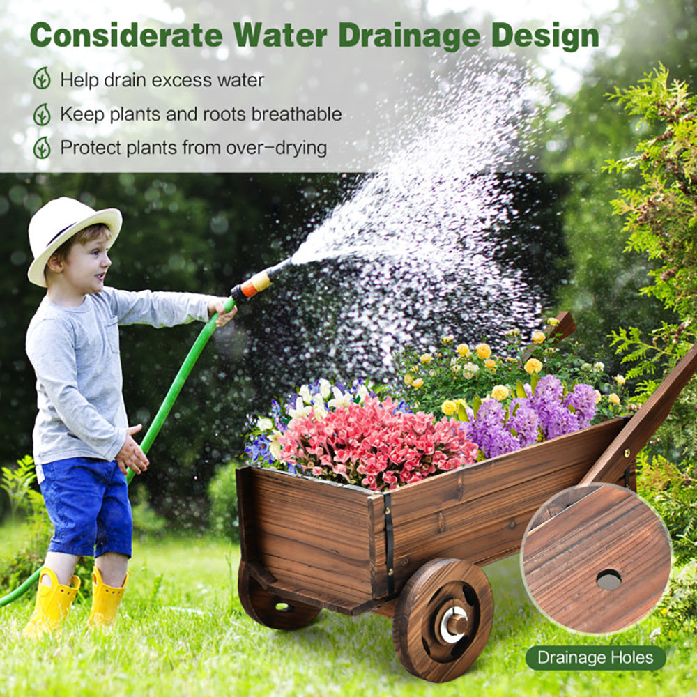 Wooden Wagon Planter Box With Wheels Handles And Drainage Hole My Store