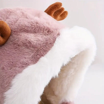 Cute Deer Hat Women Plush Rabbit Ear Funny Lolita Sweet Kawaii Winter Fluffy Fleece Warm Hat Plush Winter Thickened Cute Antlers Baby Hat With Scarf For 5-10 Y Children My Store
