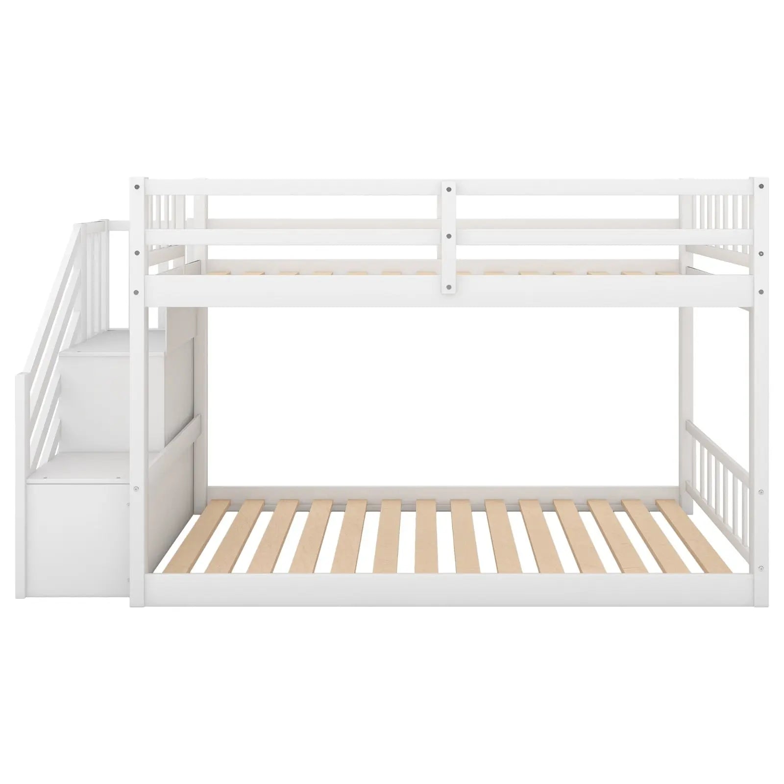 Twin Over Twin Floor Bunk Bed, Ladder With Storage, White My Store