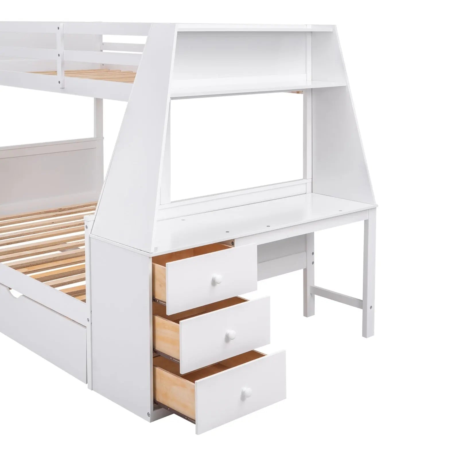 Twin Full Bunk Bed W  Trundle, Desk, 3 Drawers   Shelf - White My Store