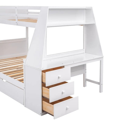 Twin Full Bunk Bed W  Trundle, Desk, 3 Drawers   Shelf - White My Store