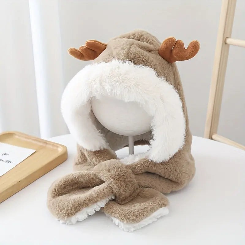 Cute Deer Hat Women Plush Rabbit Ear Funny Lolita Sweet Kawaii Winter Fluffy Fleece Warm Hat Plush Winter Thickened Cute Antlers Baby Hat With Scarf For 5-10 Y Children My Store