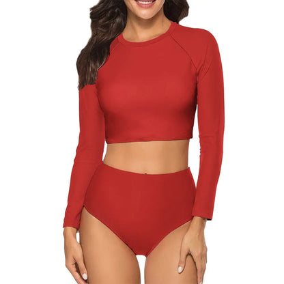 Long Sleeve Crew Neck Ladies Bikini Swimsuit Inkedjoy