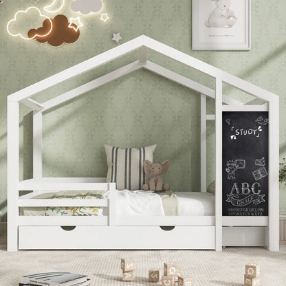 Twin House Bed With Blackboard And Drawers, Two Assembly Options, White My Store