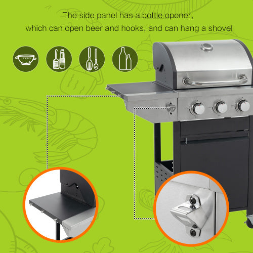 Propane Grill 3 Burner Barbecue Grill Stainless Steel Gas Grill With Side Burner Black And Silver Inkedjoy