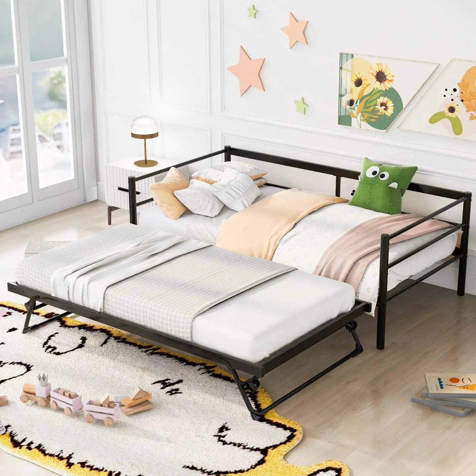 Twin Size Metal Daybed With Adjustable Trundle Up Trundle, Black My Store