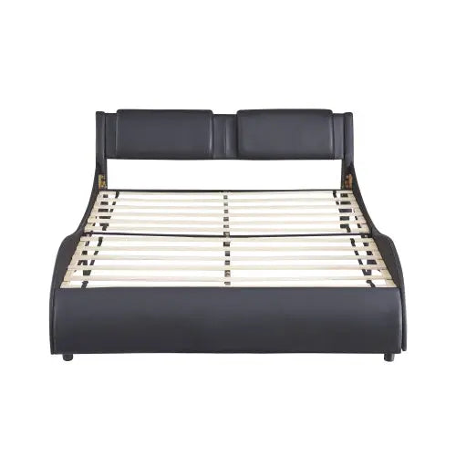 Full Size Upholstered Faux Leather Platform Bed With LED Light Bed Frame With Slatted - Black My Store