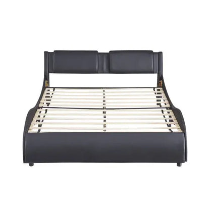 Full Size Upholstered Faux Leather Platform Bed With LED Light Bed Frame With Slatted - Black My Store
