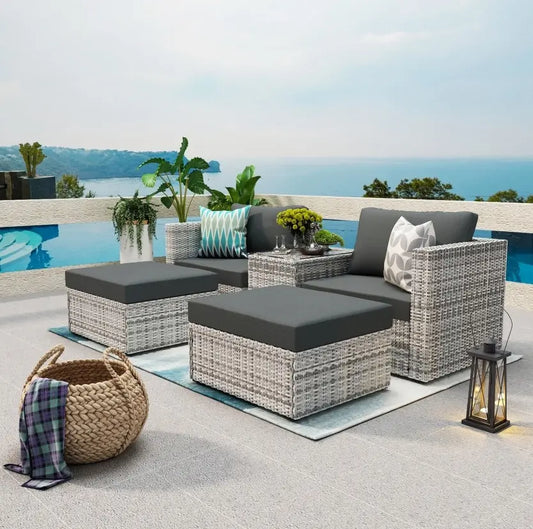 5 Pieces PE Wicker Sectional Sofa Set With Gray Cushion My Store