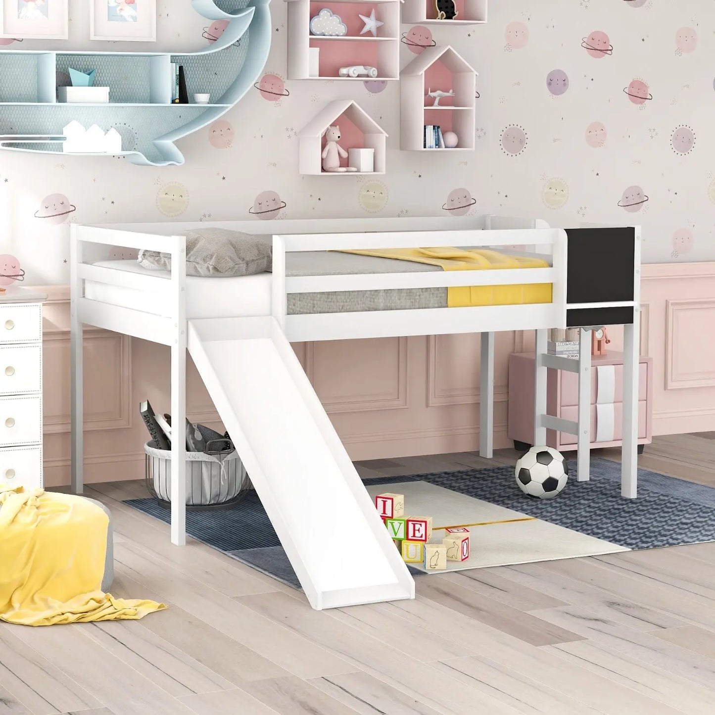 Twin Loft Bed With Slide, Stair, Chalkboard - White My Store