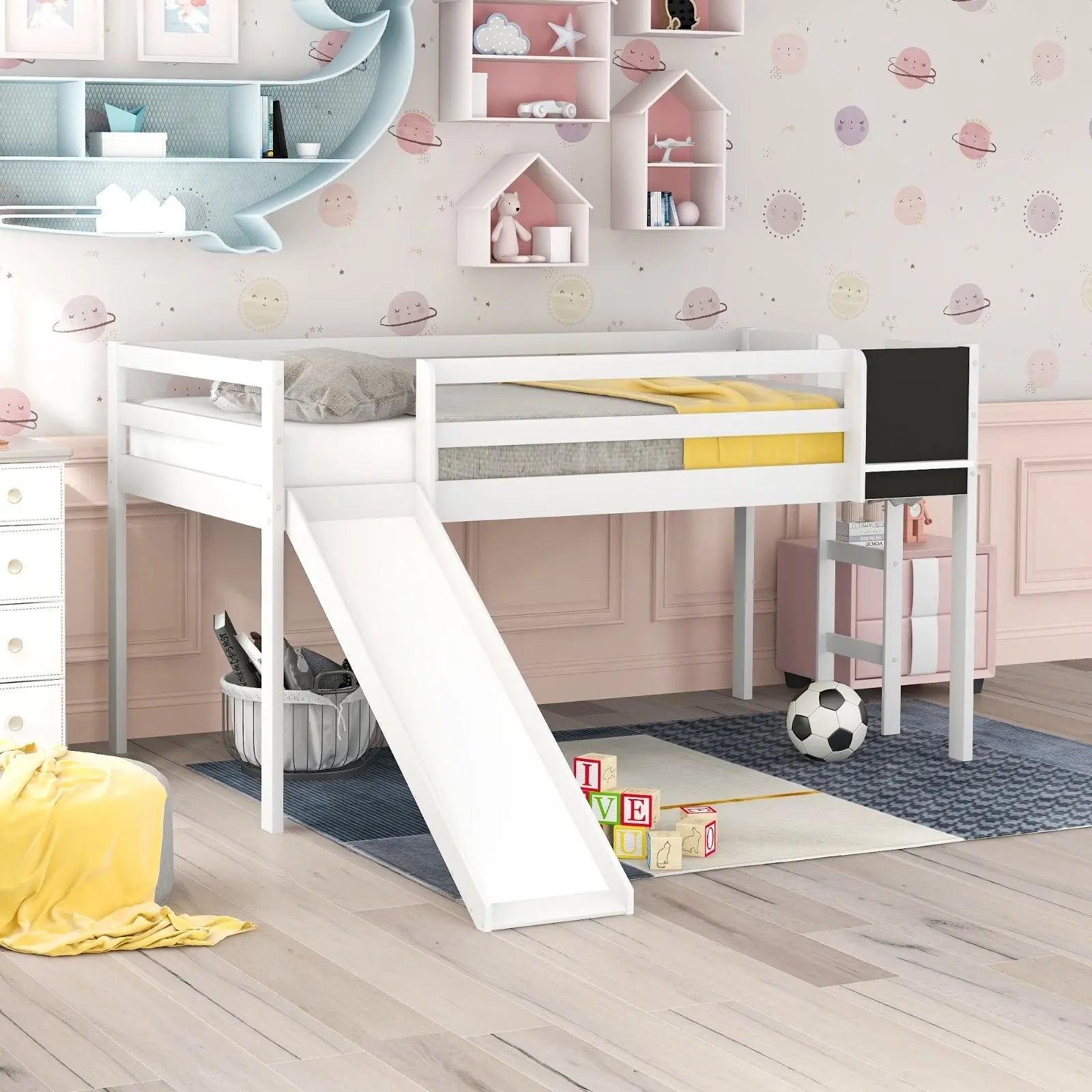 Twin Loft Bed With Slide, Stair, Chalkboard - White My Store