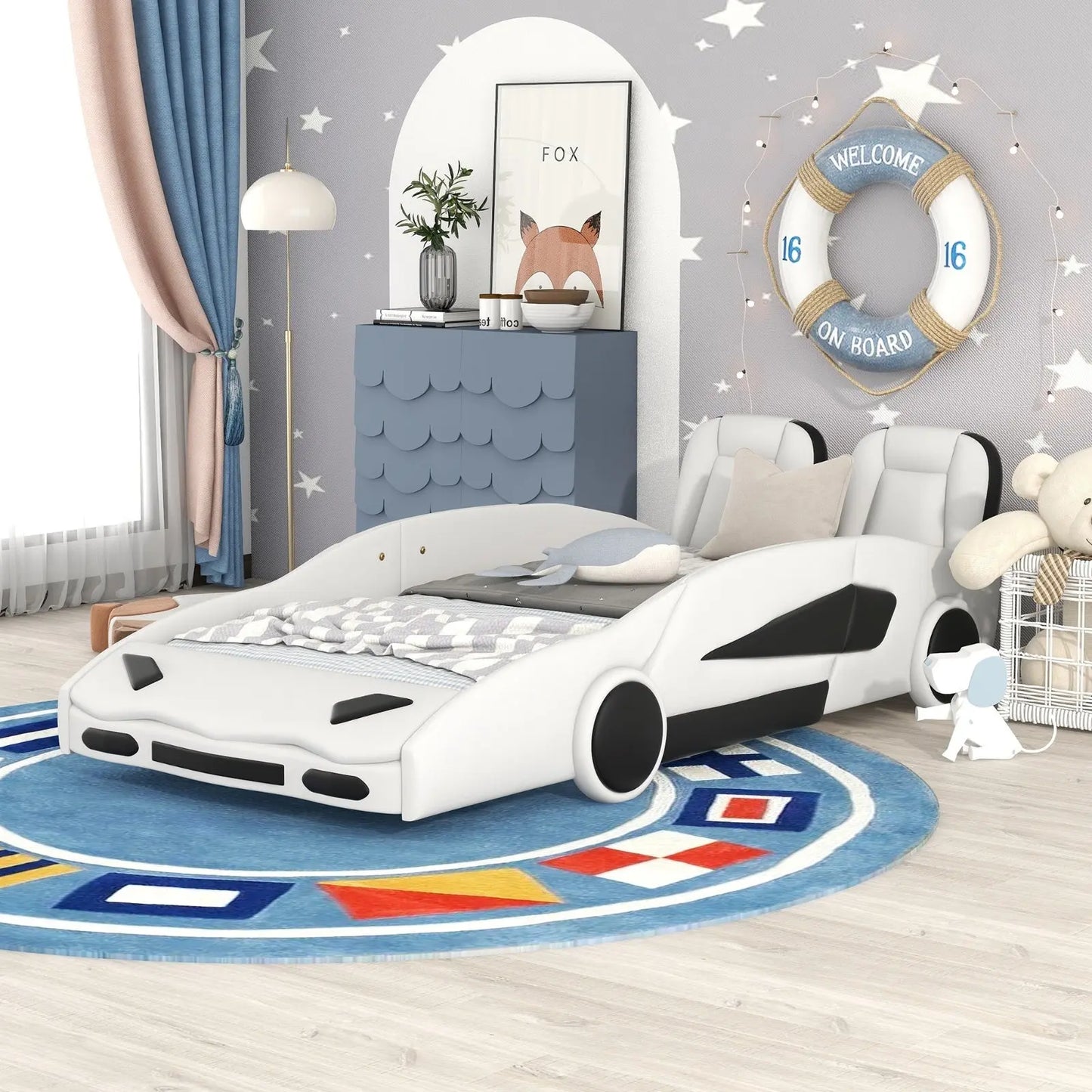 Twin Size Race Car-Shaped Platform Bed With Wheels, White My Store