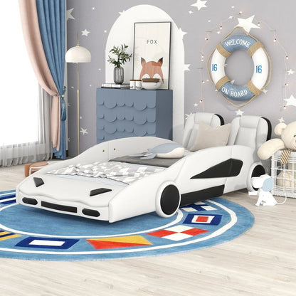 Twin Size Race Car-Shaped Platform Bed With Wheels, White My Store