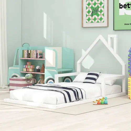 Twin Size Wood Floor Bed With House-shaped Headboard My Store