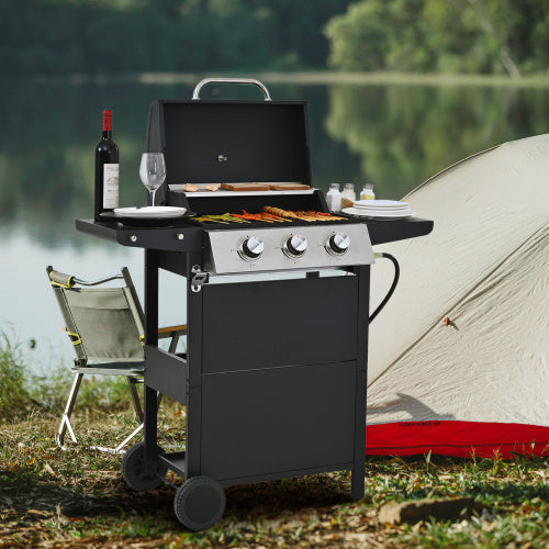 Propane Gas Grill 3 Burner Barbecue Grill, Stainless Steel With Two Shelves, Lid, Wheels And Bottle Opener Inkedjoy