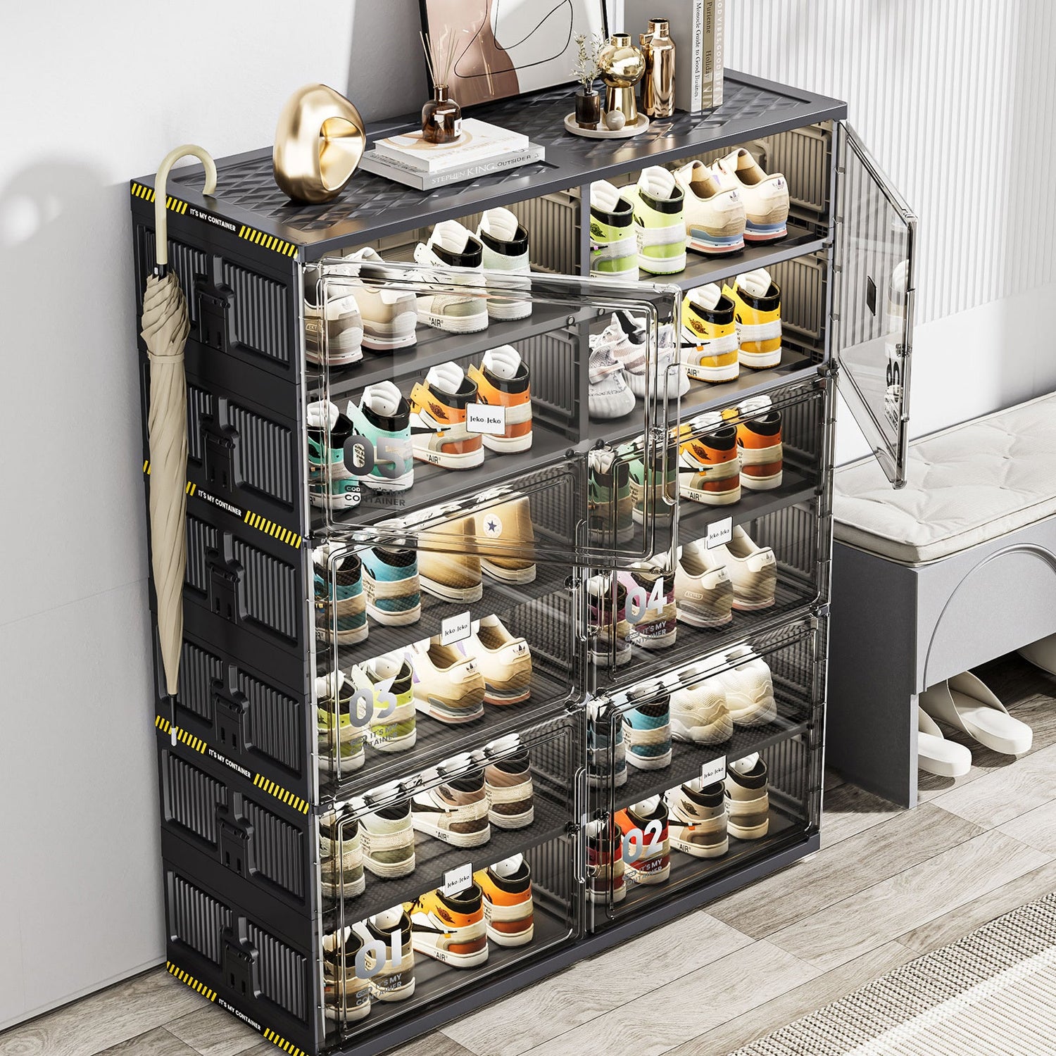 12 Grids Holds 24 Pairs Extra-Large Collapsible Shoe Storage With Magnetic Doors Inkedjoy