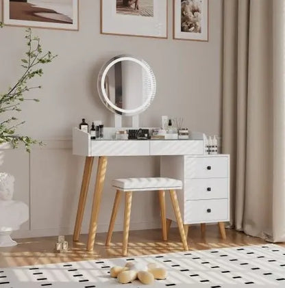 Dressing Table With LED Lights Glass Top 5 Drawers My Store