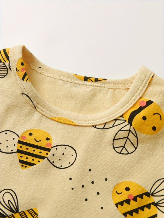 KuKitty Baby Girl Clothes Set Toddler Infant 2 Piece Outfit Long Sleeve Bee Printed Tops + Black Pants - Ohberri