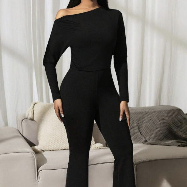 Ladies' Solid Color Fashionable And Elegant Autumn And Winter Long Sleeved Off Shoulder Jumpsuit Inkedjoy