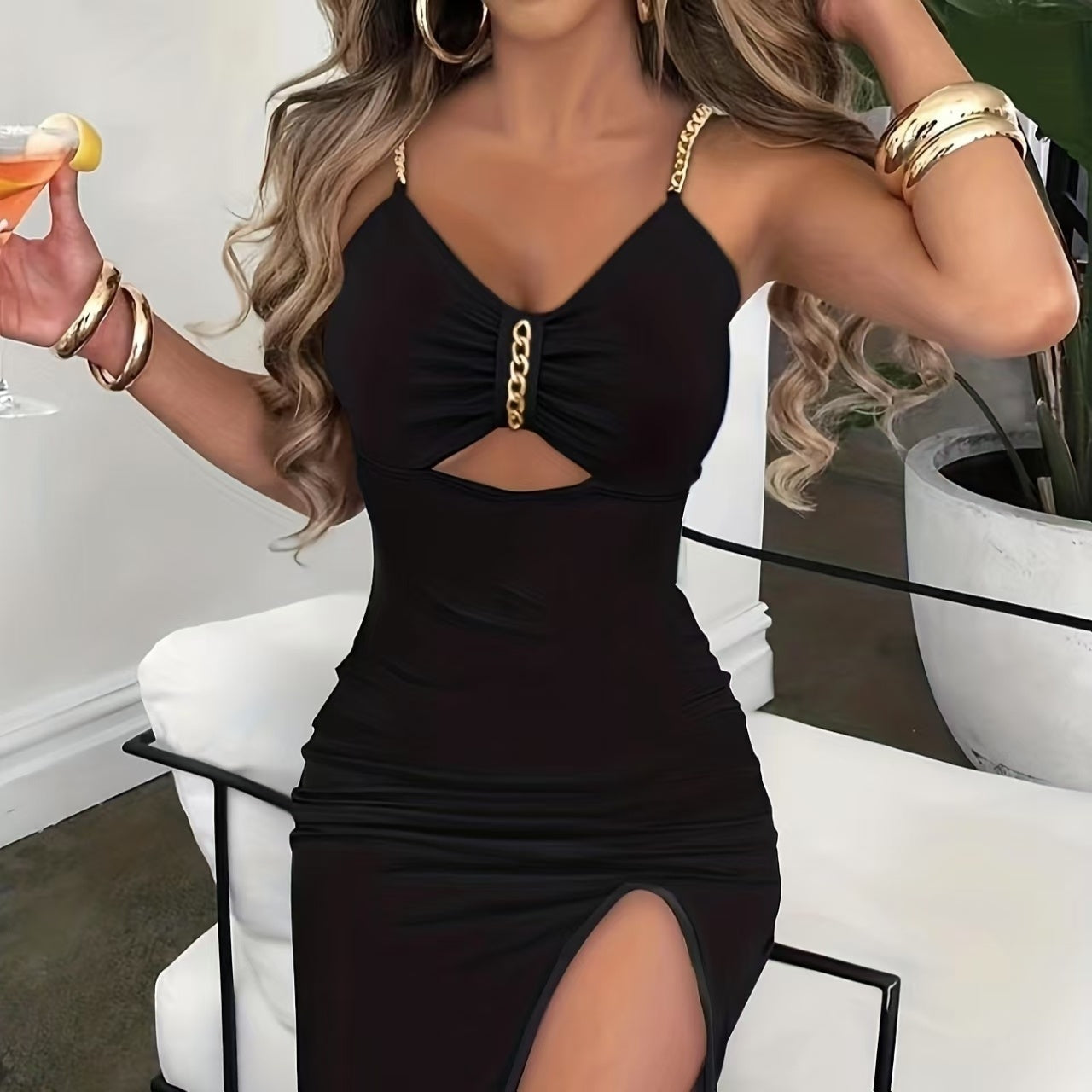 Ladies' Fashionable And Sexy Slim Fit V-neck Chain Dcor Cut High Slit Dress Inkedjoy