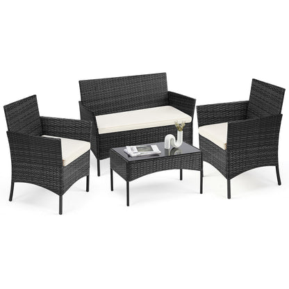 4 Pieces, Outdoor Furniture With Glass Table, Weaving Wicker Rattan Patio Chairs Inkedjoy