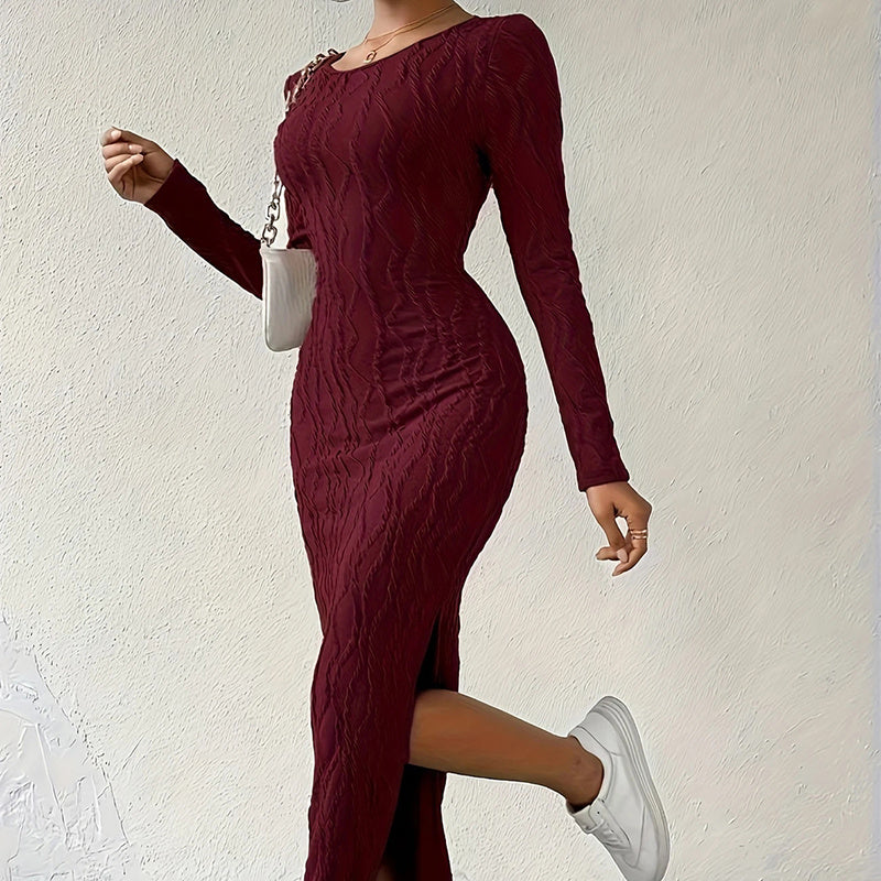 Women's Crew Neck Long Sleeve Ribbed Dress Side Slit Knit Bodycon Midi Dress Inkedjoy