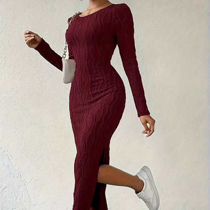 Women's Crew Neck Long Sleeve Ribbed Dress Side Slit Knit Bodycon Midi Dress Inkedjoy