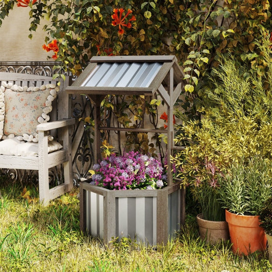 Wooden Wishing Well Planter, Raised Garden Bed With Galvanized Canopy, Hexagon- Light Gray Inkedjoy