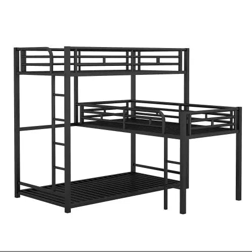 L-shaped Metal Triple Twin Size Bunk Bed, Black My Store