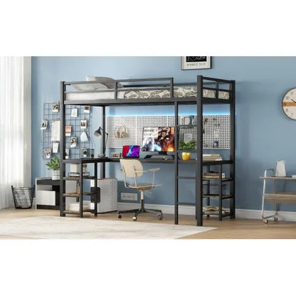 Twin XL Metal Loft Bed With Desk And Shelves, Loft Bed With Ladder And Guardrails-Black My Store