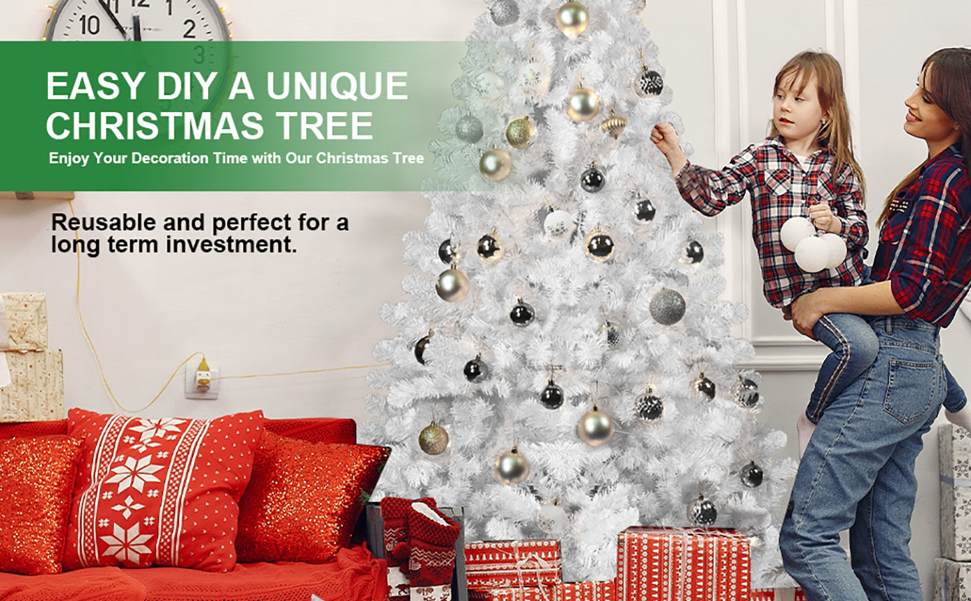 9ft White Christmas Tree with Memory Wire, 1910 Tips Hinged Artificial PVC Tree Ohberri