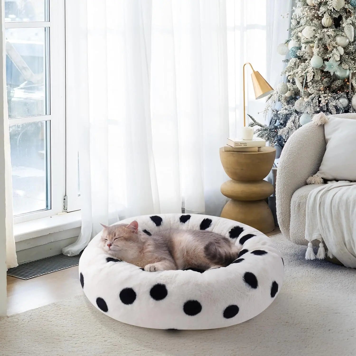 MEWOOFUN Donut Cat Bed For Indoor Cats - 23 Inch Round Washable Pet Bed With Non-Slip Bottom, Plush Fluffy Small Dog Bed For Puppies & Kittens, Black Dot My Store