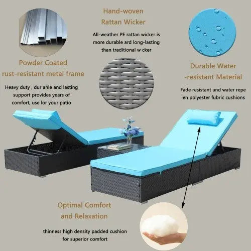 3-Piece Outdoor Patio Furniture Set Chaise Lounge, Patio Reclining Rattan Lounge Chair Chaise Couch Cushioned With Glass Coffee Table, Adjustable Back And Feet, Lounger Chair For Pool Garden, Blue My Store