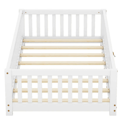 Twin Size Bed Floor Bed With Safety Guardrails And Door For Kids, White My Store