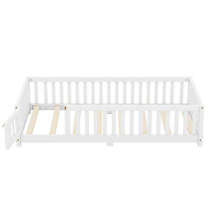 Twin Size Bed Floor Bed With Safety Guardrails And Door For Kids, White My Store