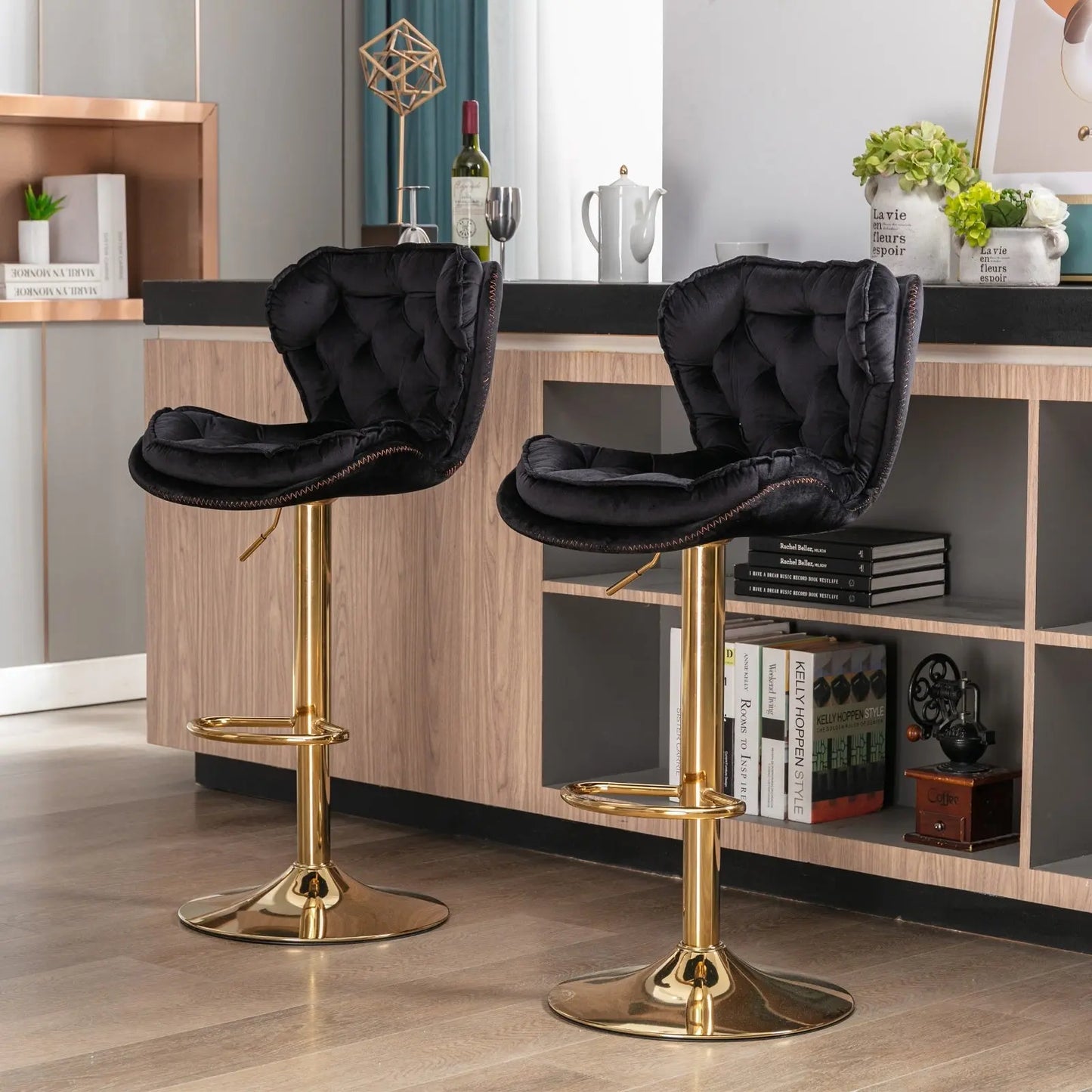 Set Of 2 Bar Stools Chrome Base, Swivel, Adjustable Height, Velvet My Store