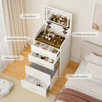 3 In 1 Vanity Desk With Open Top Mirror With Visible Glass Desktop And 3 Drawers My Store