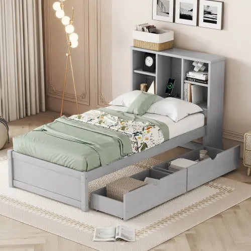 Modern Twin Size Bed Frame With Built-in USB Port On Bookcase Headboard And 2 Drawers For Grey Color My Store