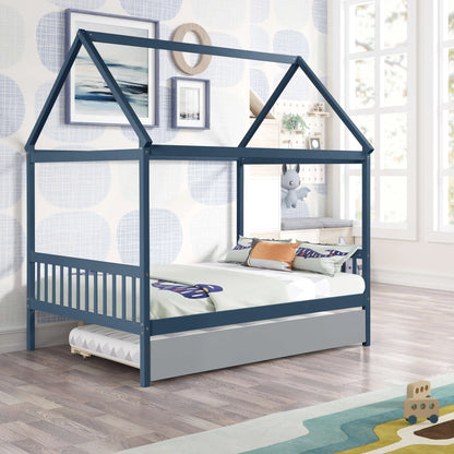 NAVY BLUE HOUSE FULL BED WITH TRUNDLE OF GREY COLOR My Store