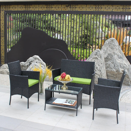 4PC Rattan Patio Furniture Set Outdoor Wicker Sofa W  Green Cushions My Store