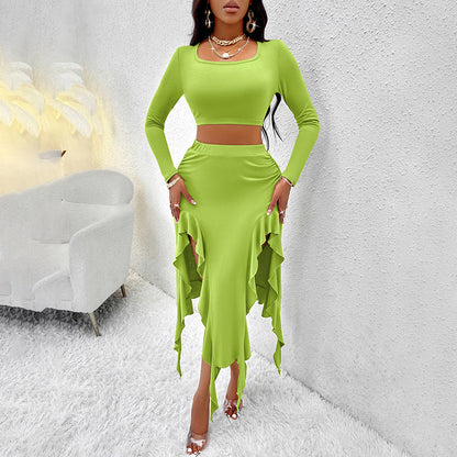 Women's Long Sleeve Round Neck Pleated Dress Suit - Solid Color Elegant Ruffle Outfit Inkedjoy