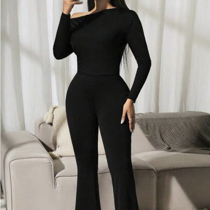 Ladies' Solid Color Fashionable And Elegant Autumn And Winter Long Sleeved Off Shoulder Jumpsuit Inkedjoy