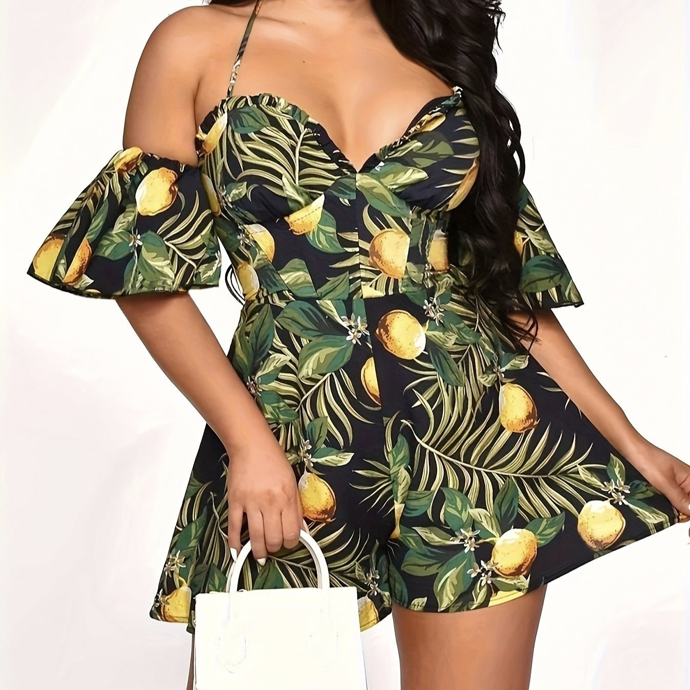 Ladies' Elegant All Inclusive Printed Off Shoulder Short Ruffled Sleeves Sexy V-neck Vacation Sexy Jumpsuit Inkedjoy