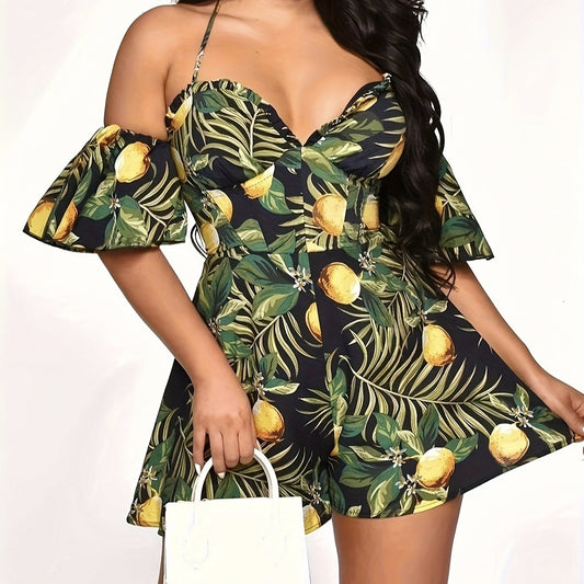 Ladies' Elegant All Inclusive Printed Off Shoulder Short Ruffled Sleeves Sexy V-neck Vacation Sexy Jumpsuit Inkedjoy