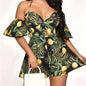 Ladies' Elegant All Inclusive Printed Off Shoulder Short Ruffled Sleeves Sexy V-neck Vacation Sexy Jumpsuit Inkedjoy